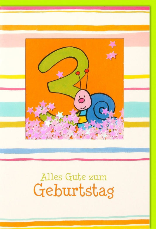 Geburtstagskarte für 2. Geburtstag - Bunte Glückwunschkarte mit Schnecke, Zahl Zwei & Sternen für fröhliche Kinderfeier