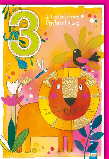 Geburtstagskarte für 3 - Jährige: Fröhlicher Löwe, Bunte Illustration, Tierische Glückwünsche zum dritten Geburtstag