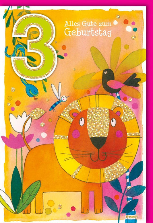 Geburtstagskarte für 3 - Jährige: Fröhlicher Löwe, Bunte Illustration, Tierische Glückwünsche zum dritten Geburtstag