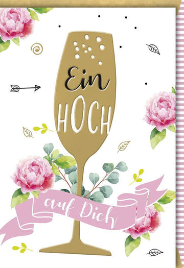 Geburtstagskarte für Erwachsene - Charmante Glückwunschkarte mit Sektglas & Blumen in Pastell, Rosa Grün, Freude & Gratulation Design