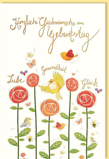Geburtstagskarte für Erwachsene - Florales Design mit Blumen & Vögeln, Warme Gelb - Orange Töne, Herzliche Wünsche für Glück & Gesundheit