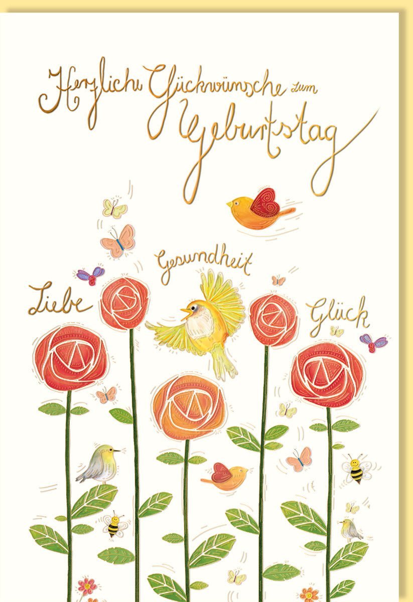Geburtstagskarte für Erwachsene - Florales Design mit Blumen & Vögeln, Warme Gelb - Orange Töne, Herzliche Wünsche für Glück & Gesundheit