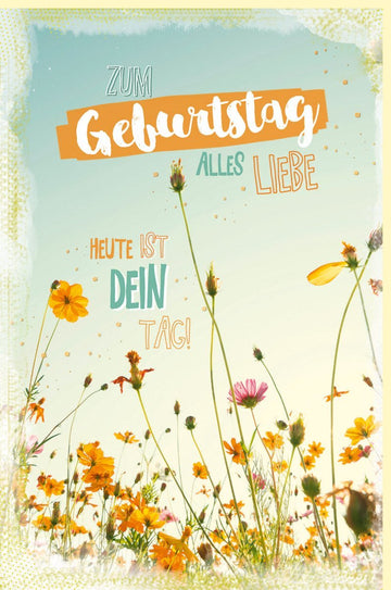 Geburtstagskarte für Erwachsene - Fröhliche Blumenwiese, Pastellfarben & Sonnenschein, Glückwunschkarte für Frauen