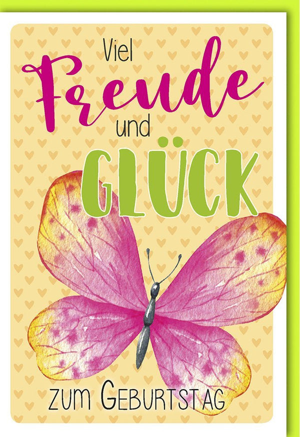 Geburtstagskarte für Erwachsene - Schmetterlingsmotiv in Grün & Pink, Herzliche Glückwünsche voller Freude