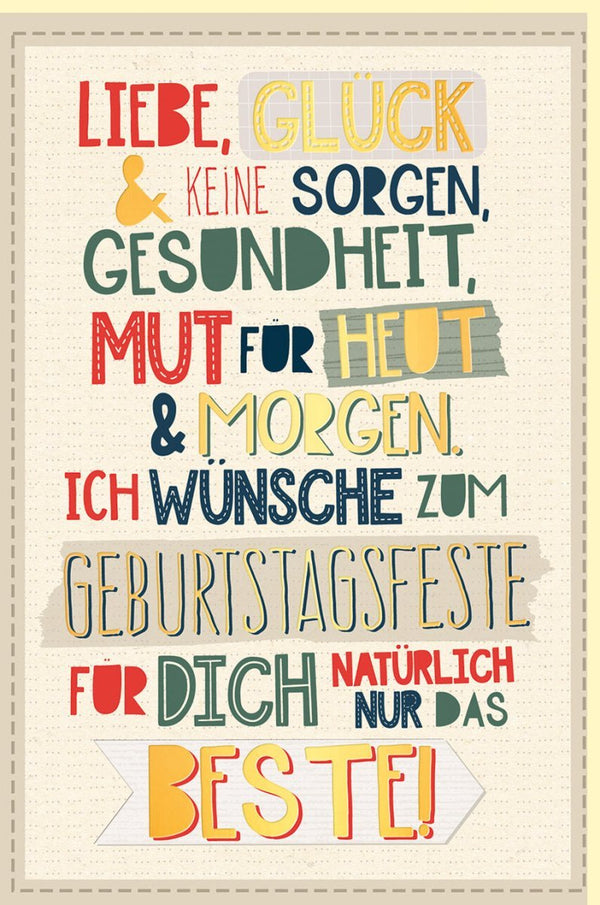 Geburtstagskarte für Erwachsene & Senioren: Herzliche Grüße voller Liebe, Glück & Gesundheit - Bunte Karte mit Spruch und Freundschaftsmotiv in Beige