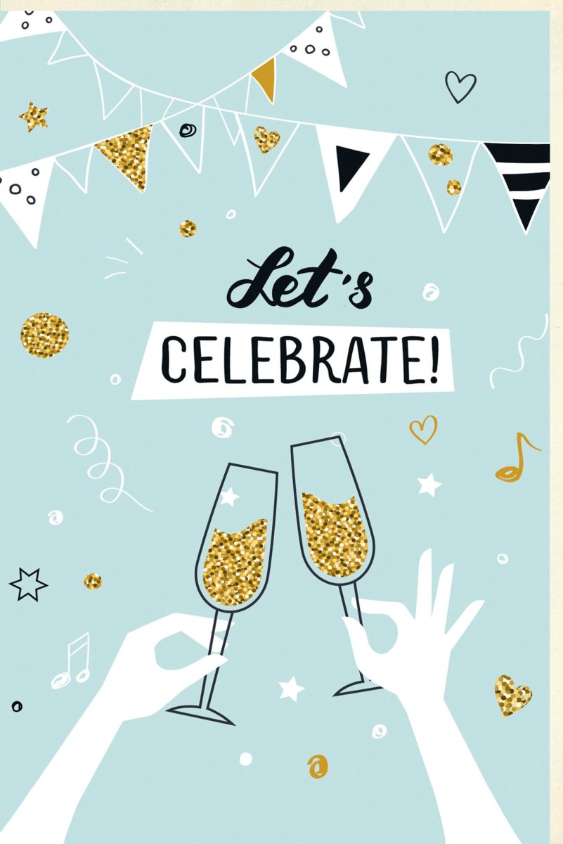 Geburtstagskarte für Frau - Stilvolle Glückwunschkarte mit Sektgläsern, Goldkonfetti & Cheers - Design