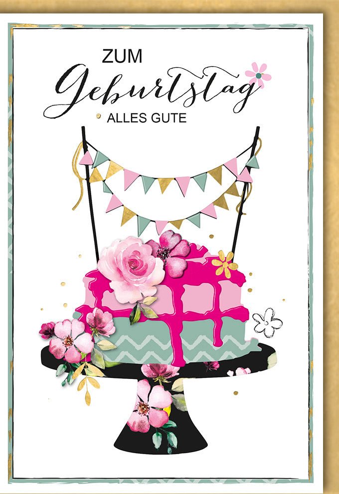 Geburtstagskarte für Frauen - Elegante Karte mit Blumen, Torte & Girlande, Rosa Goldrand & Schmetterling für festliche Grüße