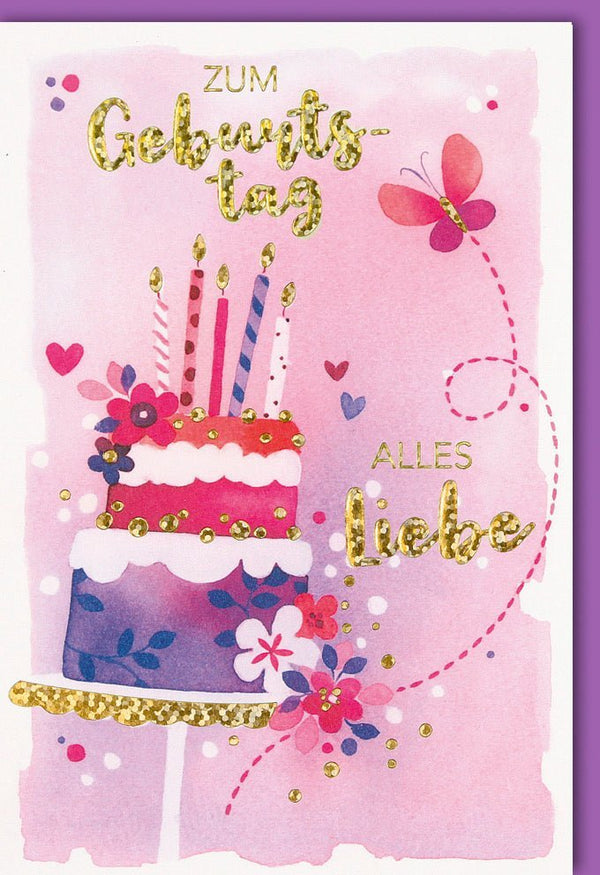 Geburtstagskarte für Frauen - Elegantes Schmetterlings- & Tortenmotiv mit Glitzerakzenten