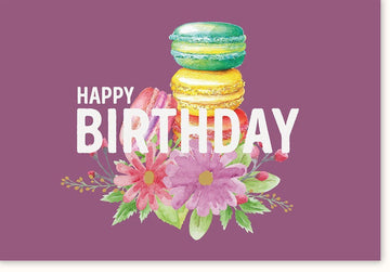 Geburtstagskarte für Frauen: Farbenfrohe Blumen & Macarons, Elegante Glückwunschkarte