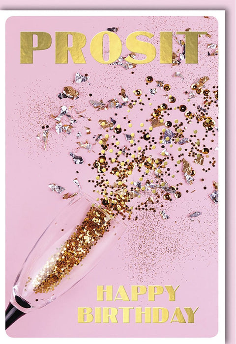 Geburtstagskarte für Frauen - Glamouröse Glitzerkarte mit Champagner Motiv, Pink - Goldenes Happy Birthday Design