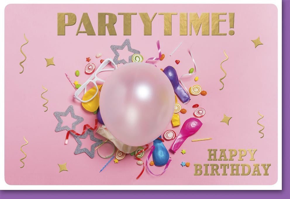 Geburtstagskarte für Frauen - Glitzernde Partytime mit Luftballons, Konfetti & Sternen in Pink und Lila, Perfekt für Freundin oder Schwester