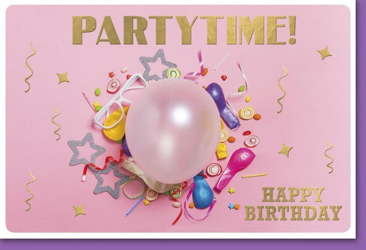 Geburtstagskarte für Frauen - Glitzernde Partytime mit Luftballons, Konfetti & Sternen in Pink und Lila, Perfekt für Freundin oder Schwester
