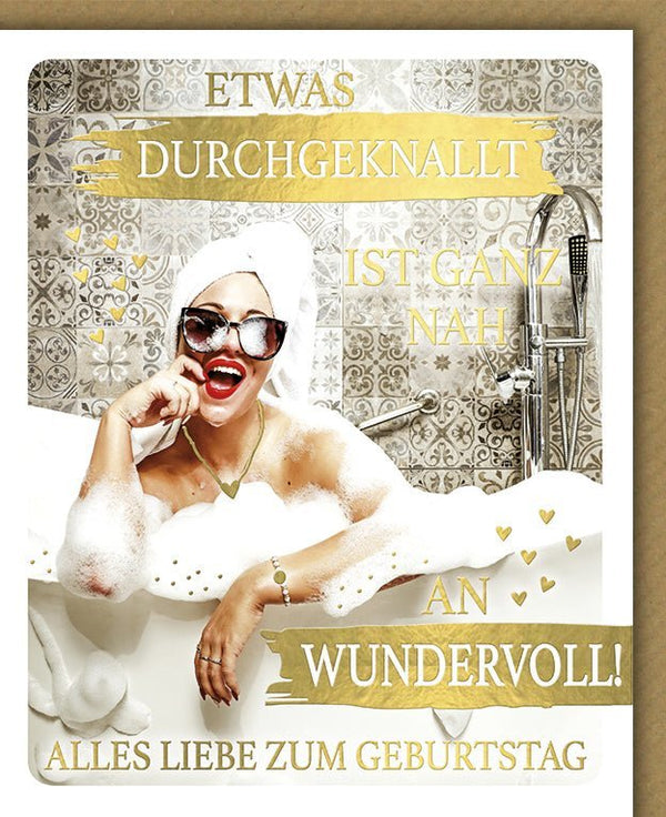 Geburtstagskarte für Frauen - Humorvolle Retro Badewanne mit Glitzer & Herz, Originelle Glückwünsche