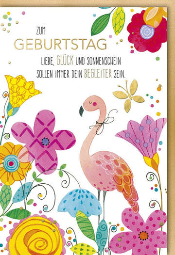 Geburtstagskarte für Frauen & Mädchen - Fröhliche Flamingos mit Blumen, Bunte Glückwünsche in Rosa, Gelb & Grün, Festliche Papeterie