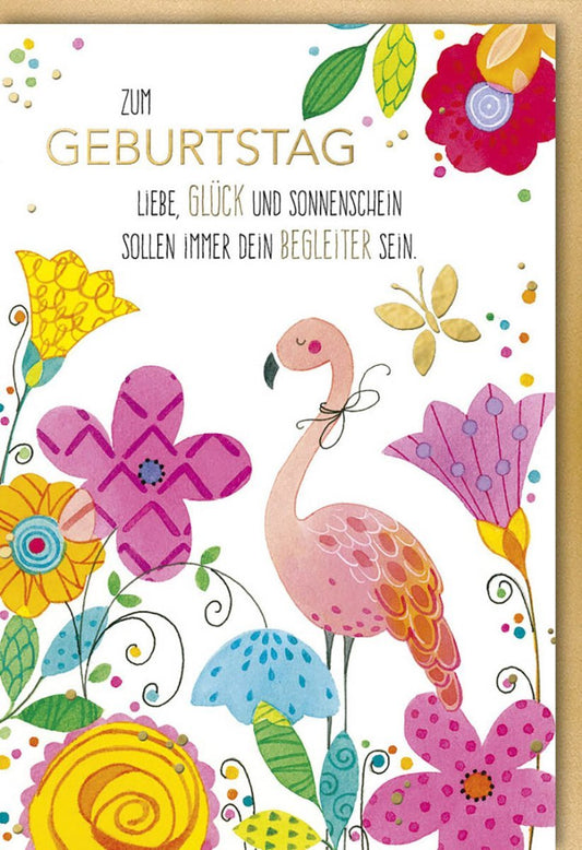 Geburtstagskarte für Frauen & Mädchen - Fröhliche Flamingos mit Blumen, Bunte Glückwünsche in Rosa, Gelb & Grün, Festliche Papeterie