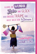 Geburtstagskarte für Frauen & Mädchen - Magische Meerjungfrau unter Sternenhimmel, Rosa Strandlandschaft mit Sonnenuntergang, Inspirierendes Geschenk