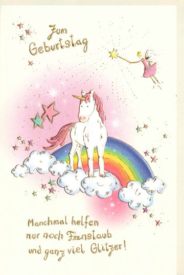 Geburtstagskarte für Frauen mit Einhorn Regenbogen Feenstaub Glitzer liebevoll bunt fröhlich hochwertige Doppelkarte zum Geburtstag