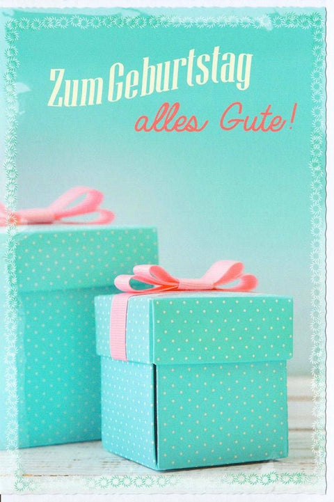 Geburtstagskarte für Frauen mit Geschenk Motiv in Türkis und Rosa liebevoll gestaltet mit Aufschrift Zum Geburtstag alles Gute