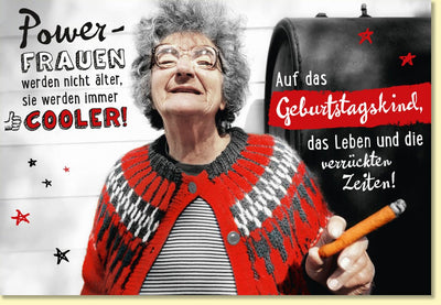 Geburtstagskarte für Frauen mit lustigem Spruch und cooler Oma mit Zigarre originelle Doppelkarte zum Geburtstag für Powerfrauen