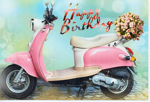 Geburtstagskarte für Frauen mit pinkem Retro - Roller und Blumenstrauß fröhliche Doppelkarte zum Geburtstag stilvoll und modern