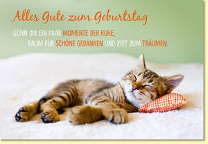 Geburtstagskarte für Frauen mit schlafender Katze und Spruch Momente der Ruhe Zeit für schöne Gedanken Träumen Doppelkarte zum Geburtstag
