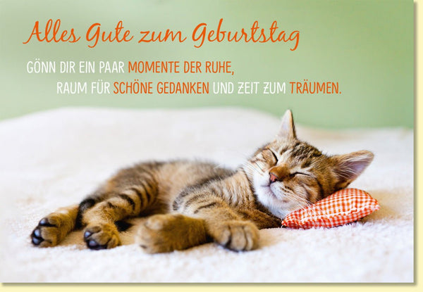 Geburtstagskarte für Frauen mit schlafender Katze und Spruch Momente der Ruhe Zeit für schöne Gedanken Träumen Doppelkarte zum Geburtstag