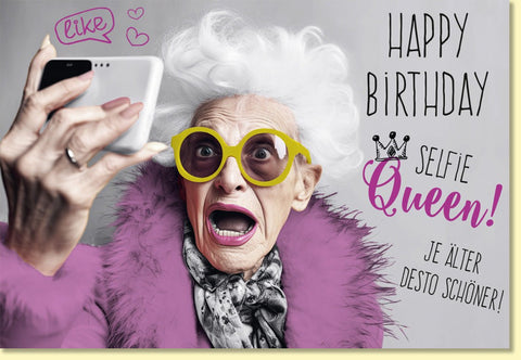 Geburtstagskarte für Frauen Selfie Queen mit lustigem Spruch und cooler Oma in Pink perfekte Grußkarte zum Geburtstag witzig modern