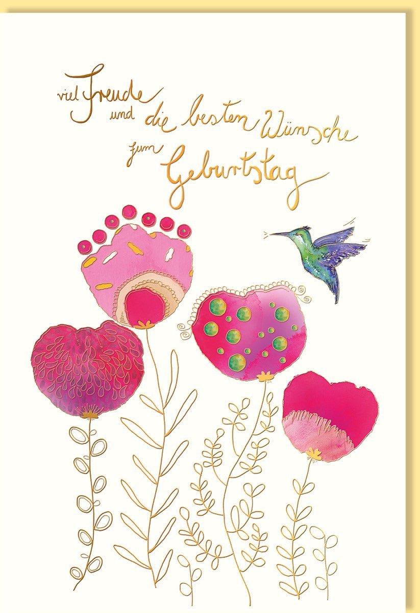 Geburtstagskarte für Frauen: Stilvolle Glückwunschkarte mit floralen Motiven und Kolibri, veredelt mit Metallicfolie und Blindprägung auf Naturkarton.
