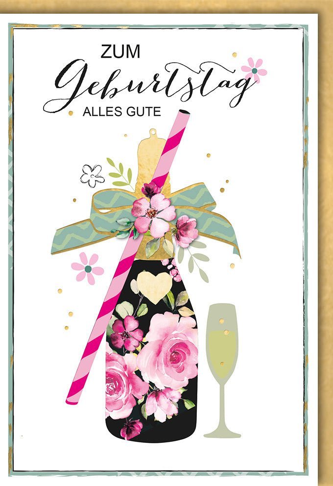 Geburtstagskarte für Frauen - Stilvolle Karte mit Blumen & Sektglas, Festliche Grüße, Cheers Design