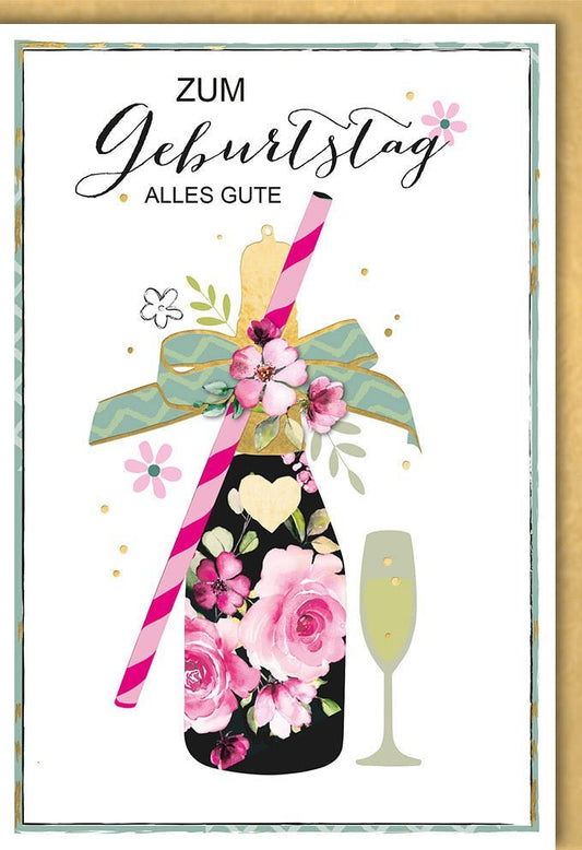 Geburtstagskarte für Frauen - Stilvolle Karte mit Blumen & Sektglas, Festliche Grüße, Cheers Design