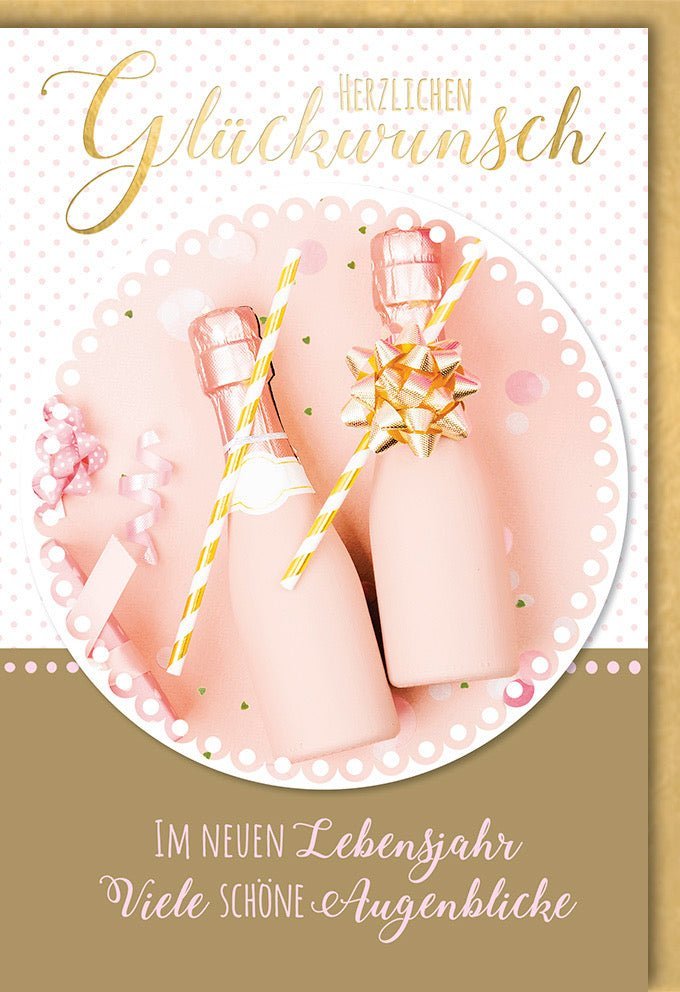 Geburtstagskarte für Frauen - Stilvolle Karte mit Sektflaschen, Rosa & Gold Schleife, Perfektes Geschenk