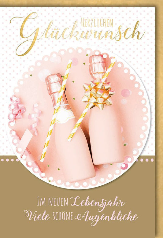 Geburtstagskarte für Frauen - Stilvolle Karte mit Sektflaschen, Rosa & Gold Schleife, Perfektes Geschenk