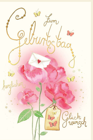 Geburtstagskarte für Frauen - Vintage - Stil mit Blumen & Schmetterlingen, Handgeschriebene Rosa Glückwünsche