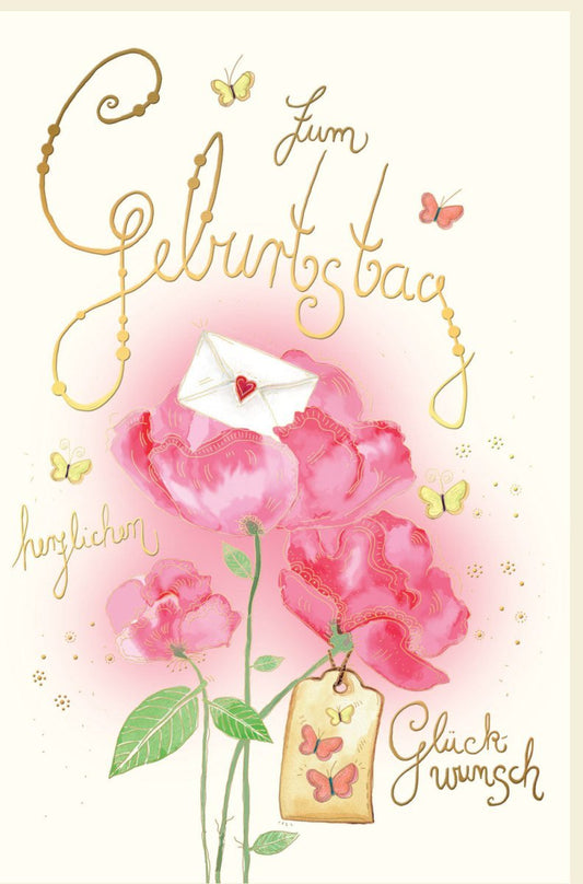 Geburtstagskarte für Frauen - Vintage - Stil mit Blumen & Schmetterlingen, Handgeschriebene Rosa Glückwünsche