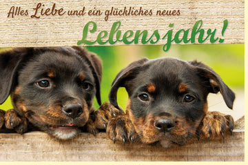 Geburtstagskarte für Hundefans - Verspielte Welpen am Zaun in Naturtönen, Charmante Karte für Tierfreunde und Hundeliebhaber