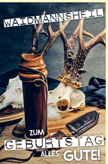 Geburtstagskarte für Jäger - Stilvolle Grüße mit Hirschgeweih & Jagdhorn, Naturdesign in Grün/Braun für Outdoor - Fans und Waldliebhaber