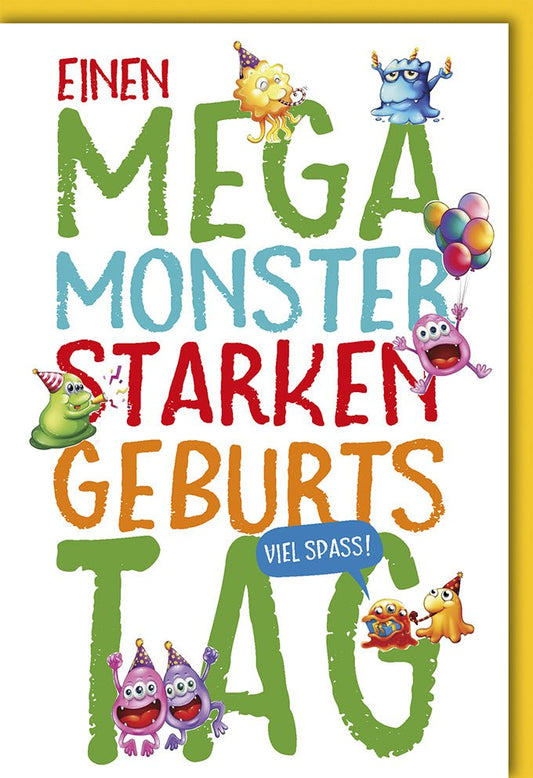 Geburtstagskarte für Kinder: Bunte Monster Einladung, Cartoon Kreaturen, Spaßige Karte für Jungen & Mädchen