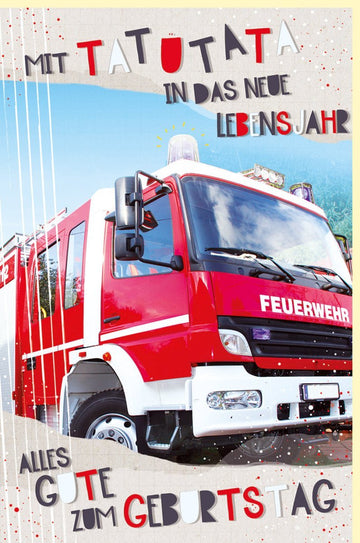 Geburtstagskarte für Kinder - Feuerwehrmotiv mit Feuerwehrauto - Rote Glückwünsche für Jungen