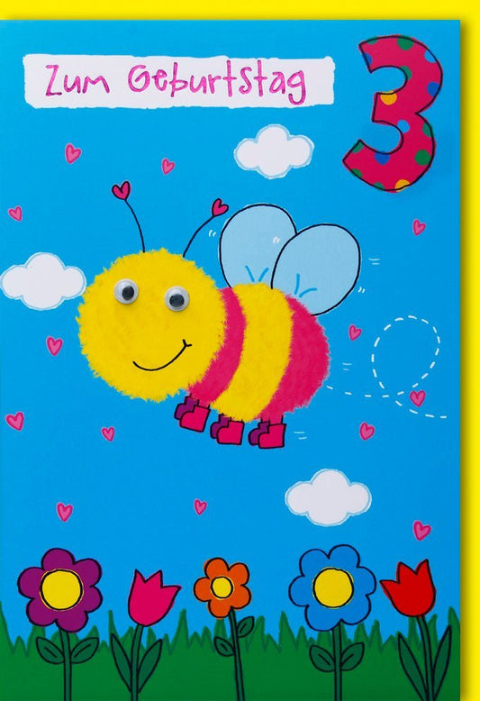 Geburtstagskarte für Kinder - Fröhliche Biene zum 3. Geburtstag, Bunte Karte mit Herzchen und Blumenwiese