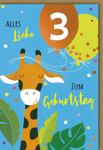 Geburtstagskarte für Kinder - Fröhliche Giraffe mit Ballons, 3. Geburtstag, Bunte Partyillustration von Galerie Dominique