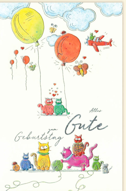 Geburtstagskarte für Kinder: Fröhliche Katzen & Bunte Ballons, Tierische Glückwünsche