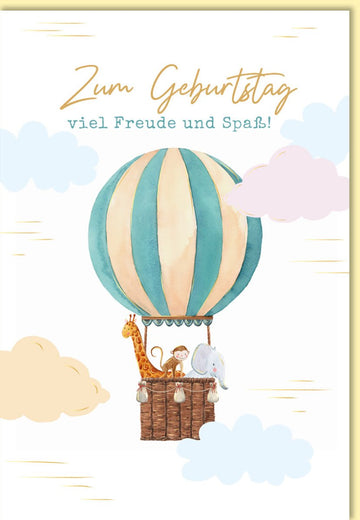Geburtstagskarte für Kinder Heißluftballon mit Giraffe Affe Elefant fröhliche Doppelkarte zum Geburtstag viel Freude und Spaß