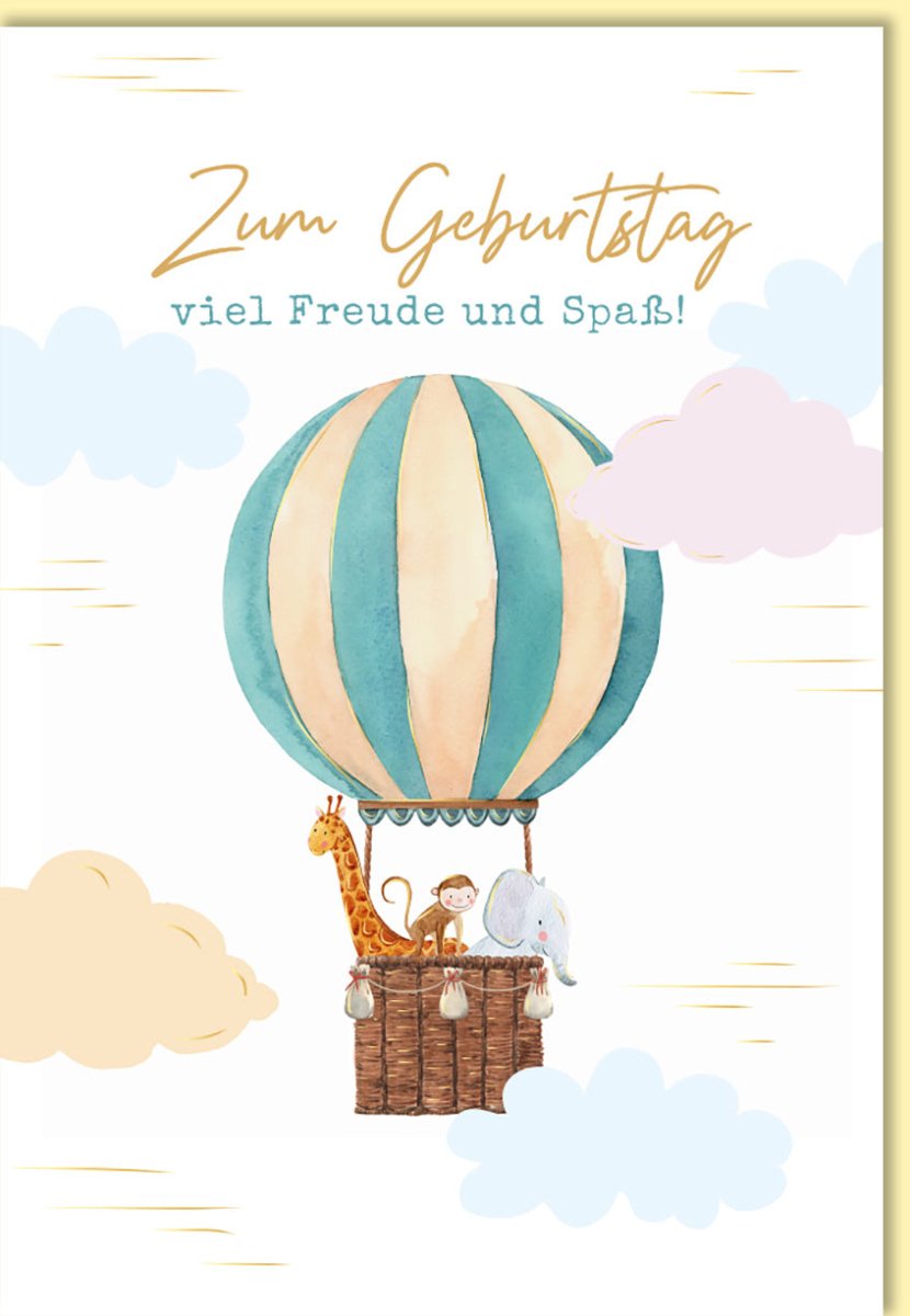 Geburtstagskarte für Kinder Heißluftballon mit Giraffe Affe Elefant fröhliche Doppelkarte zum Geburtstag viel Freude und Spaß