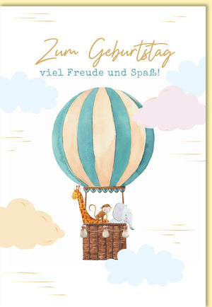 Geburtstagskarte für Kinder Heißluftballon mit Giraffe Affe Elefant fröhliche Doppelkarte zum Geburtstag viel Freude und Spaß