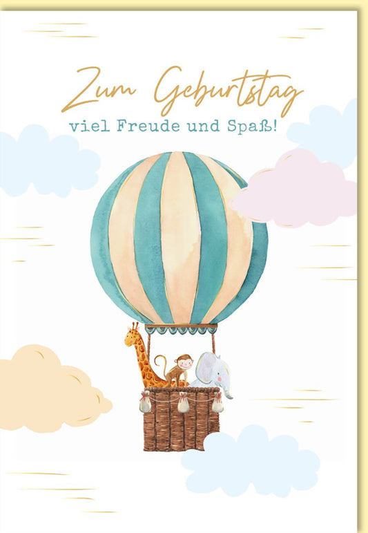 Geburtstagskarte für Kinder Heißluftballon mit Giraffe Affe Elefant fröhliche Doppelkarte zum Geburtstag viel Freude und Spaß