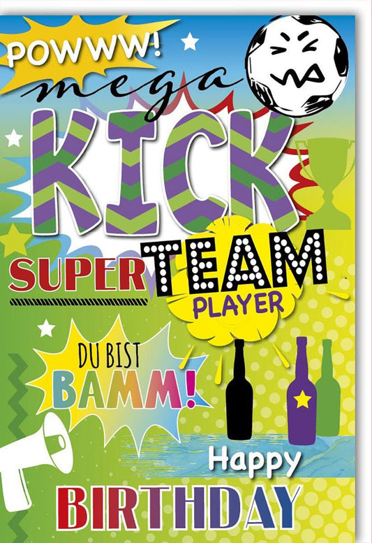 Geburtstagskarte für Kinder: Mega Kick Super Team Player - Happy Birthday mit Powww und Sternen