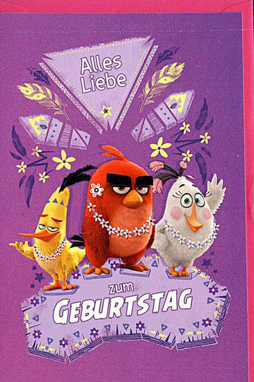 Geburtstagskarte für Kinder mit Angry Birds Motiv in Lila Alles Liebe zum Geburtstag fröhliche Doppelkarte für Mädchen und Jungen