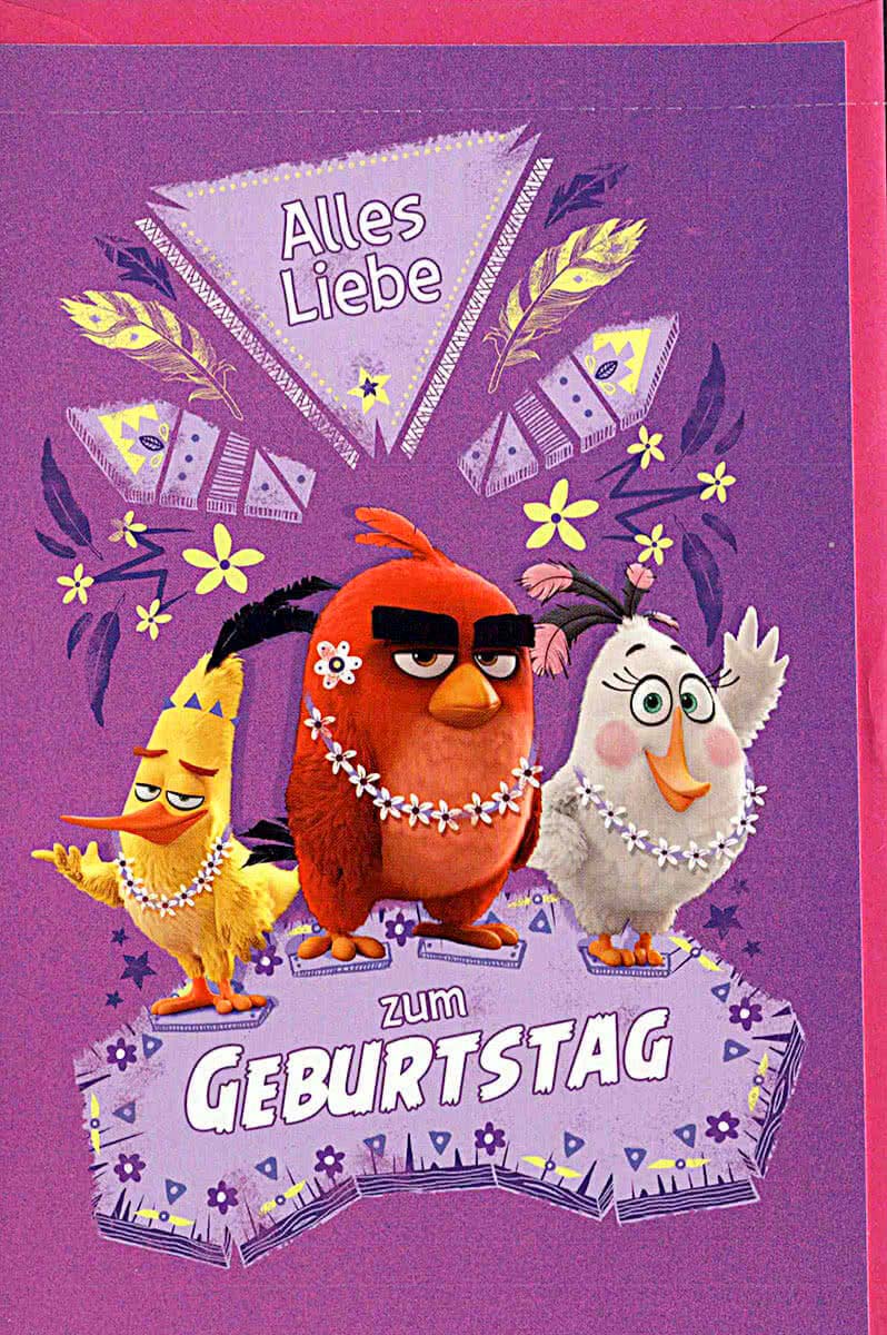 Geburtstagskarte für Kinder mit Angry Birds Motiv in Lila Alles Liebe zum Geburtstag fröhliche Doppelkarte für Mädchen und Jungen