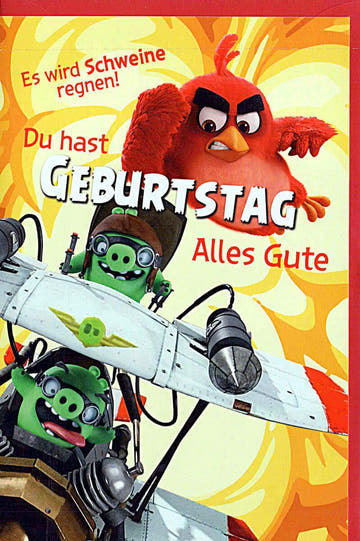 Geburtstagskarte für Kinder mit Angry Birds Motiv lustige Schweine Regen Szene bunte Doppelkarte Alles Gute zum Geburtstag