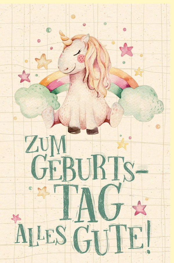 Geburtstagskarte für Kinder mit Einhorn Regenbogen und Sternen liebevoll illustriert fröhliche Doppelkarte zum Geburtstag für Mädchen